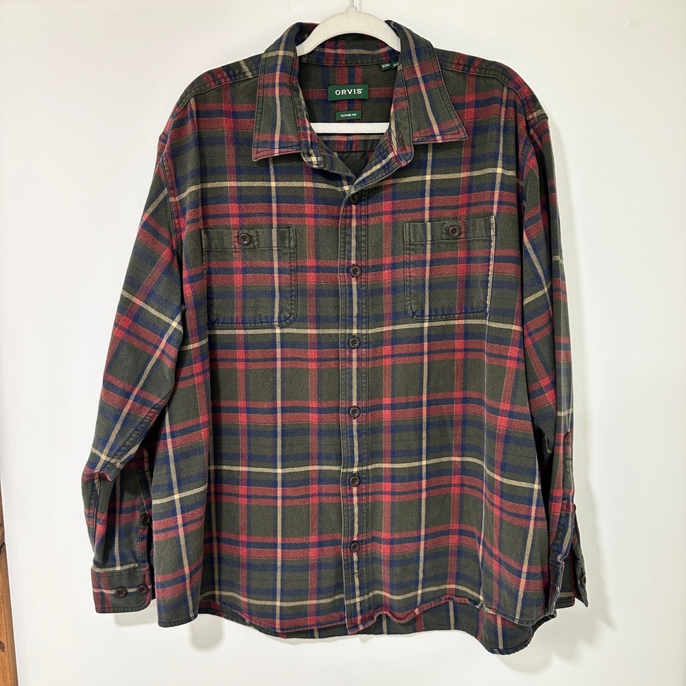 Orvis Flannel Shirt Mens XXL Green Red Plaid Cotton Long Sleeve Button Down Top